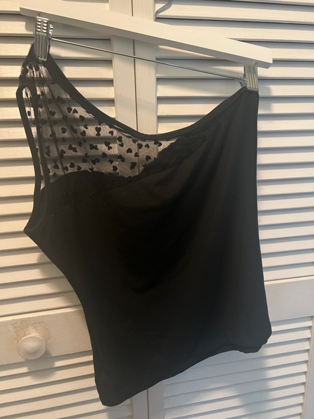 #1825: Black One-Shoulder Heart Mesh Tank